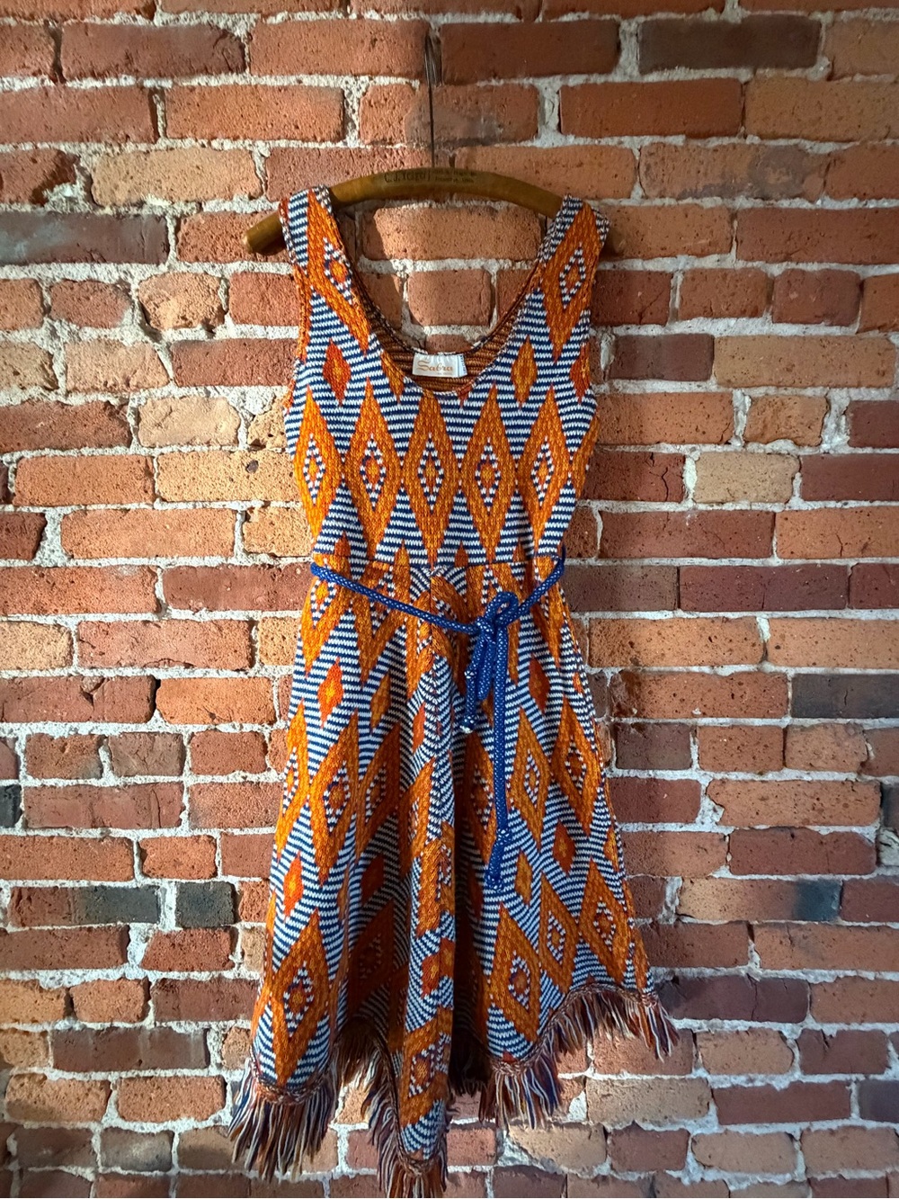 VTG 70s Sabra Southwestern Geometric Knit Fringe Midi Dress Small/XS